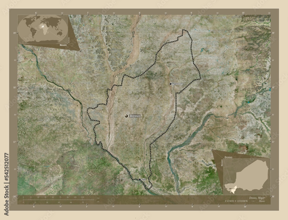 Dosso, Niger. High-res satellite. Labelled points of cities Stock ...