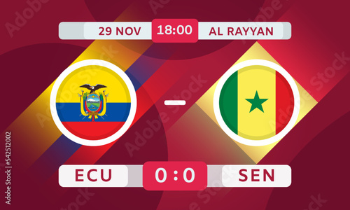 Ecuador Vs Senegal Match Design Element. Football Championship Competition Infographics. Announcement, Game Score, Scoreboard Template. Vector Illustration
