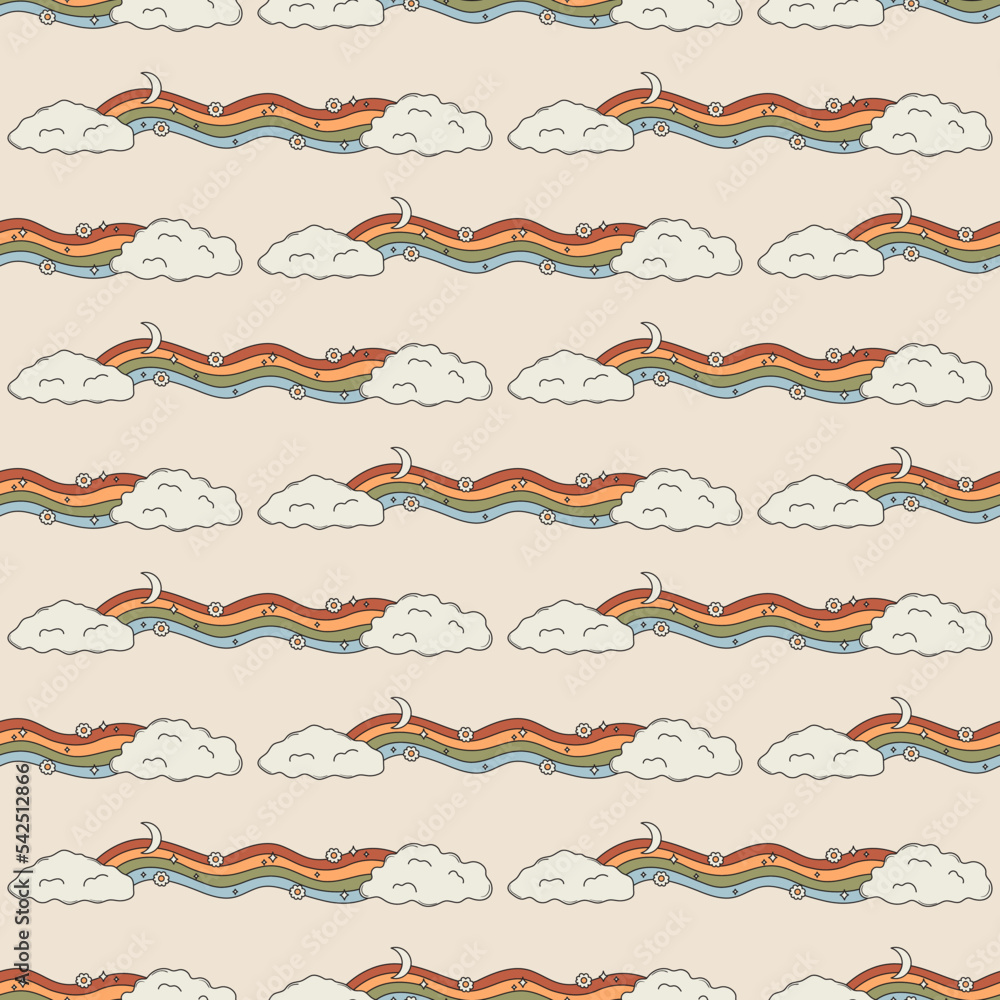 Seamless vector pattern with cartoon rainbow, clouds, stars, flowers and moon. 60s and 70s waves background in groovy style. Colorful hippie sky texture. Hand drawn vintage wallpaper, textile, paper