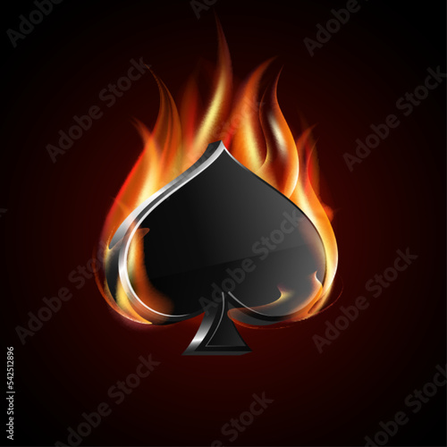 Ace of spades and fire flames. Burning poker label.