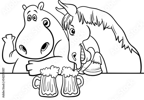 cartoon hippopotamus and horse in the bar coloring page