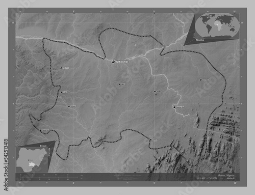 Benue, Nigeria. Grayscale. Labelled points of cities photo