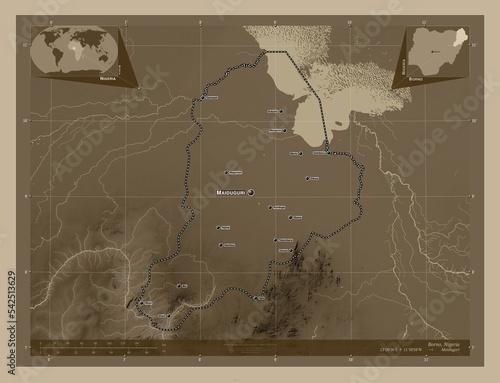 Borno, Nigeria. Sepia. Labelled points of cities photo