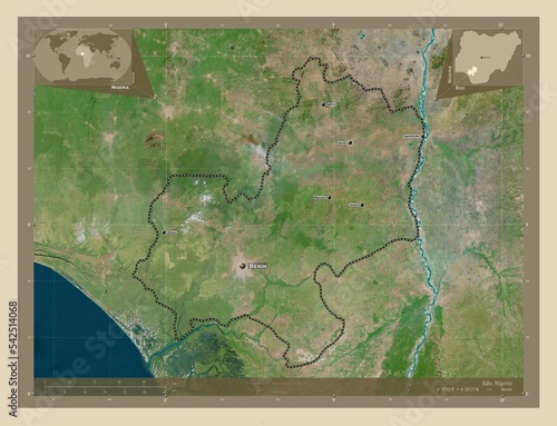 Edo, Nigeria. High-res satellite. Labelled points of cities