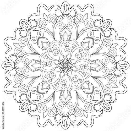 Colouring page, hand drawn, vector. Mandala 106, ethnic, swirl pattern, object isolated on white background.