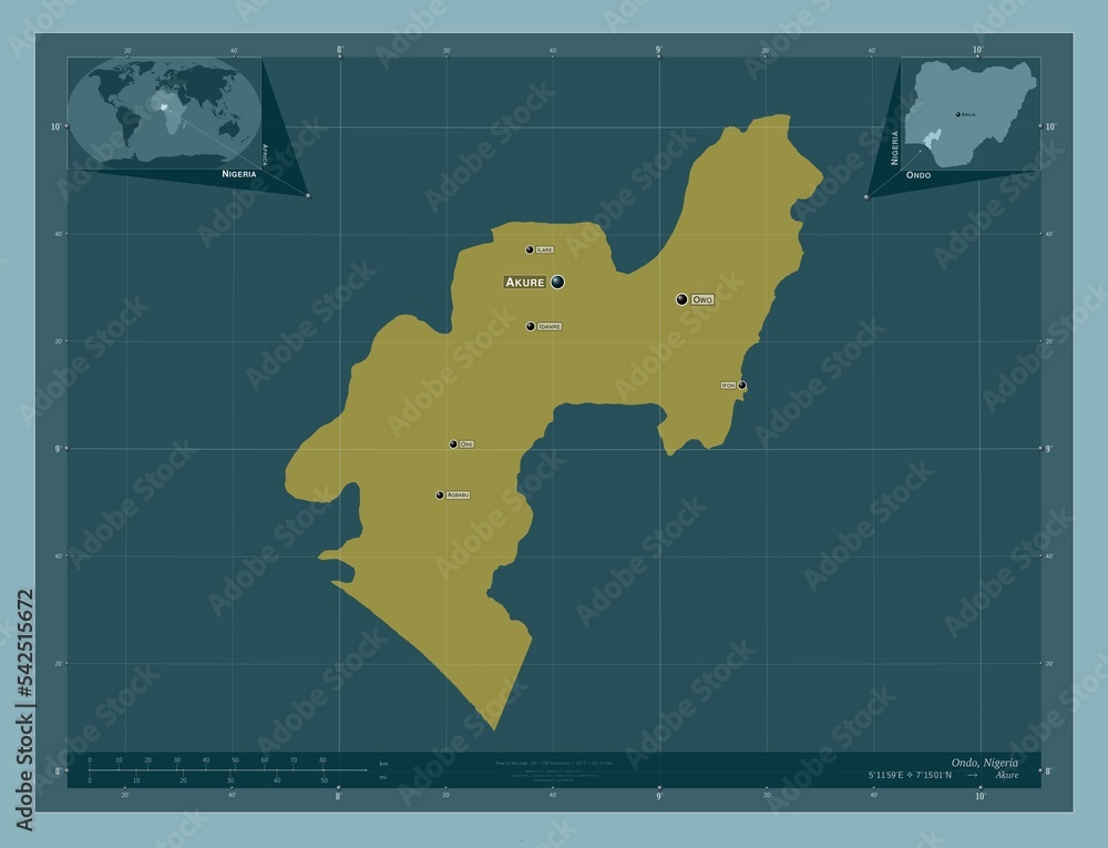 Ondo, Nigeria. Solid. Labelled points of cities