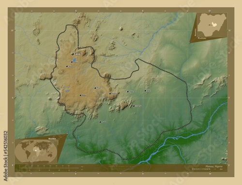 Plateau, Nigeria. Physical. Labelled points of cities photo