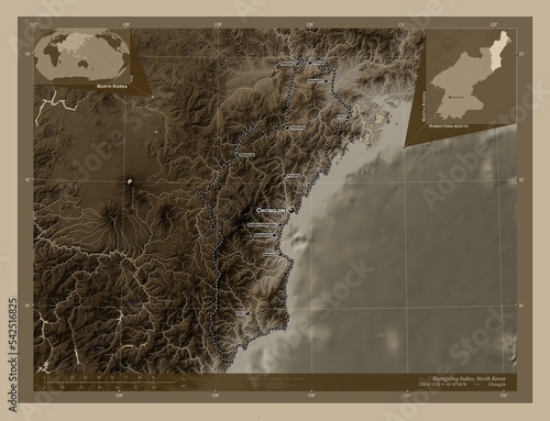 Hamgyong-bukto, North Korea. Sepia. Labelled points of cities photo