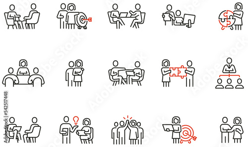 Vector set of linear icons related to collaboration on a project or enterprise, business team and collaboration. Mono line pictograms and infographics design elements