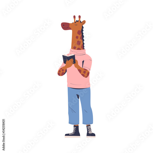 Man Character with Jiraffe Animal Head Standing and Reading Book Vector Illustration