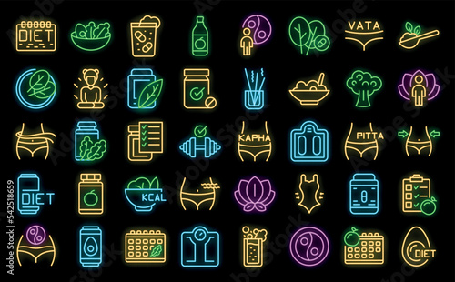 Ayurvedic diet icons set outline vector. Food eating. Cooking alternative neon color on black