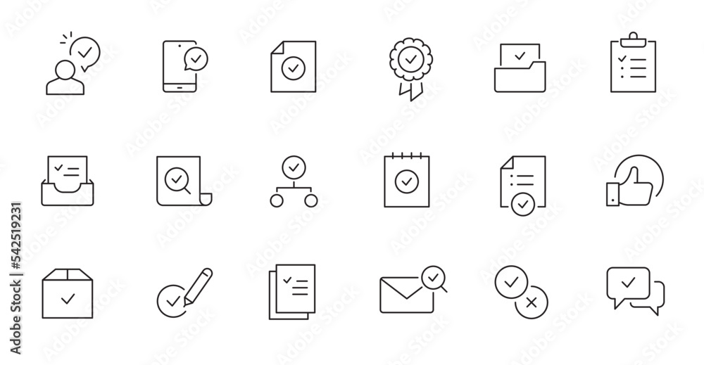 Check mark, quality control line icon. Approve sign, business quarantee mark outline editable stroke icon. Document confirm vector illustration. Check mark, quality control line icon. Approve sign, business quarantee mark outline editable stroke icon. Document confirm vector illustration.