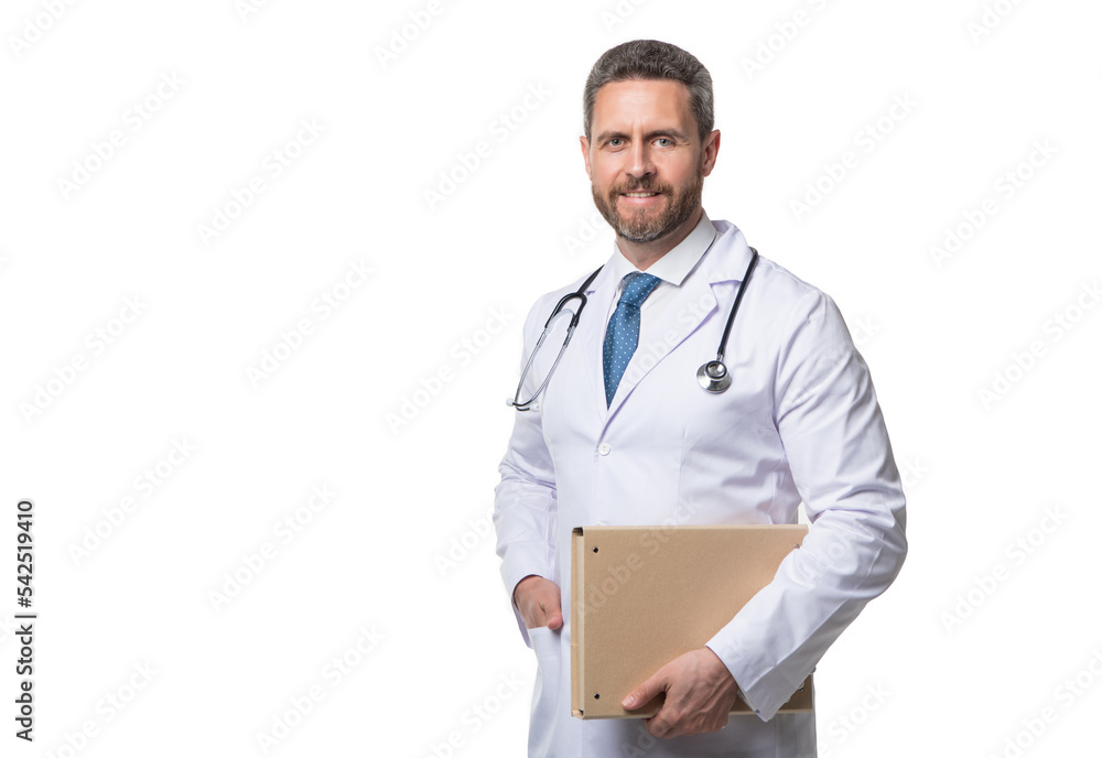 happy physician with folder. physician isolated on white. physician hold medical record. copy space happy physician with folder. physician isolated on white. physician hold medical record. copy space