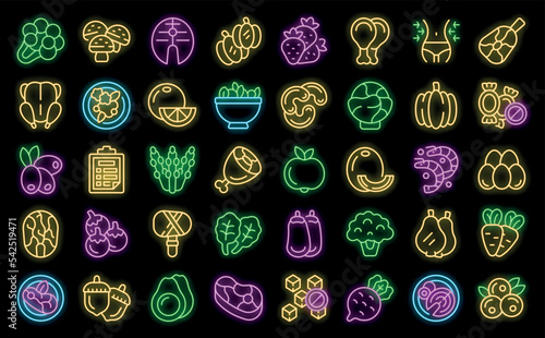 Paleo diet icons set outline vector. Seafood diet. Gluten health neon color on black