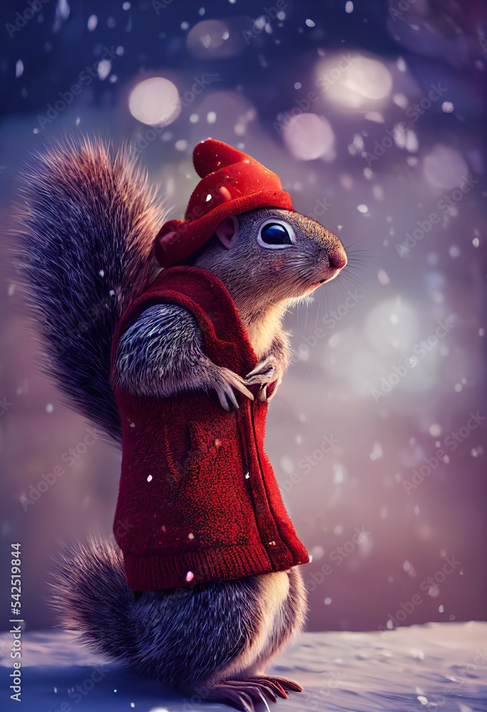Adorable squirrel in the snow winter clothes, winter and Christmas concept Adorable squirrel in the snow winter clothes, winter and Christmas concept