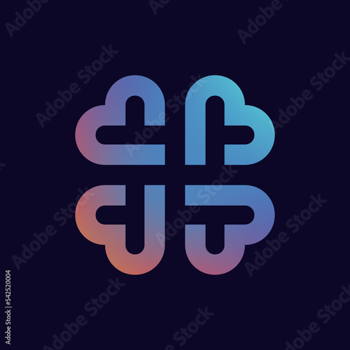 Abstract gradient iridescent gallographic clover logo four leaves heart shape, eco icon.  Pharmacy sign ecological business company, symbol nature. Simple clean vector herbal logotyp. 