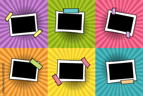 Set of horizontal photo frames in pop art style on bright background. Collection of photo frames in comic style for a photo album. Color stickers on frames. Template for the design of frames for photo