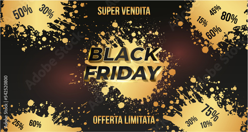 biglietto o striscione venerdì nero in nero per super vendita su sfondo nero sfumato con macchie di vernice oro dove è scritto la riduzione dal 10 all'80%