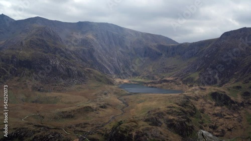 Aerial view of Llyn Idwal in the Welsh mountains