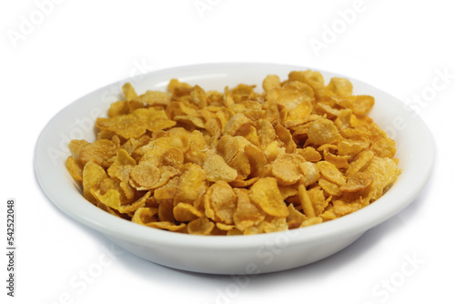 bowl of cornflakes isolated on white background.