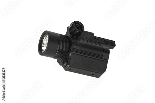 Modern LED flashlight with weapon mount. Underbarrel tactical flashlight isolate on white back. photo