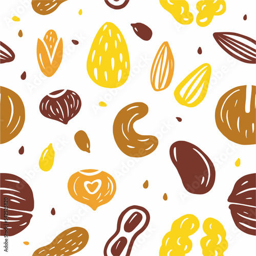 Vector pattern of a collection of nuts drawn by hand in the style of a doodle