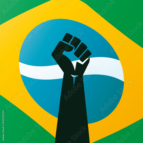 Brasil proclamação da república arte conceitual para campanhas. Bandeira do Brasil de fundo com punho levantado representando revolução.