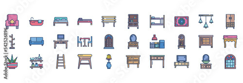 
Collection of icons related to Furniture and home decor, including icons like Armchair, Bathtub, Bed, Bench and more. vector illustrations, Pixel Perfect set
