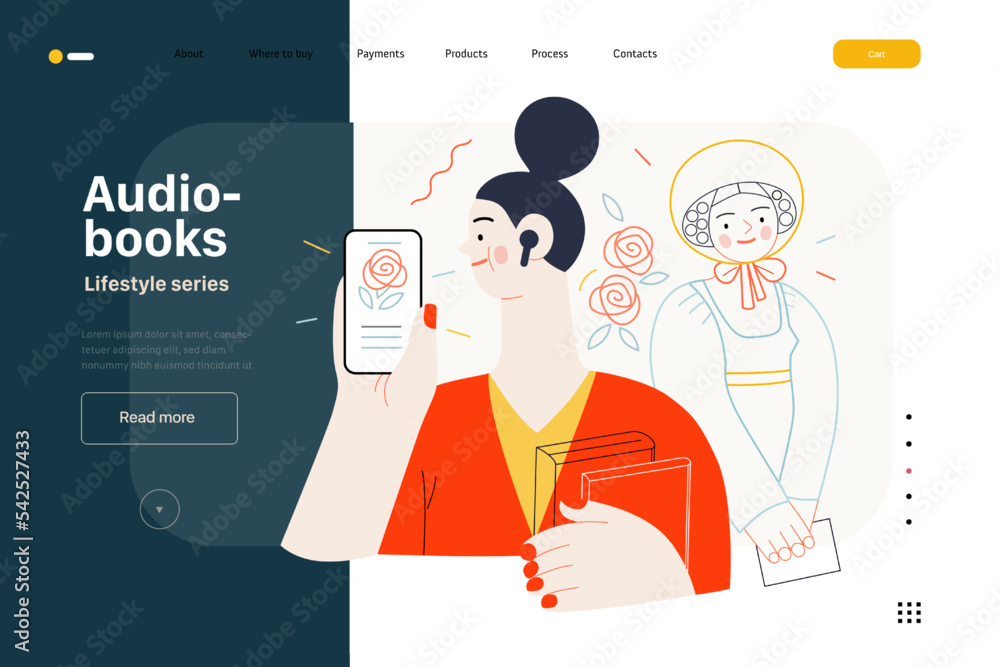 Lifestyle web template -Audiobooks -modern flat vector illustration of a woman listening an audiobook with buds in the tablet application, Victorian Era literary character. People activities concept Lifestyle web template -Audiobooks -modern flat vector illustration of a woman listening an audiobook with buds in the tablet application, Victorian Era literary character. People activities concept