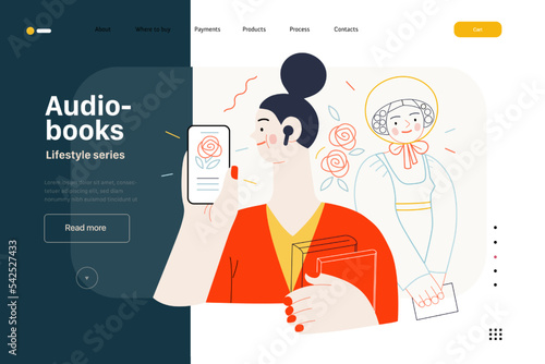 Lifestyle web template -Audiobooks -modern flat vector illustration of a woman listening an audiobook with buds in the tablet application, Victorian Era literary character. People activities concept