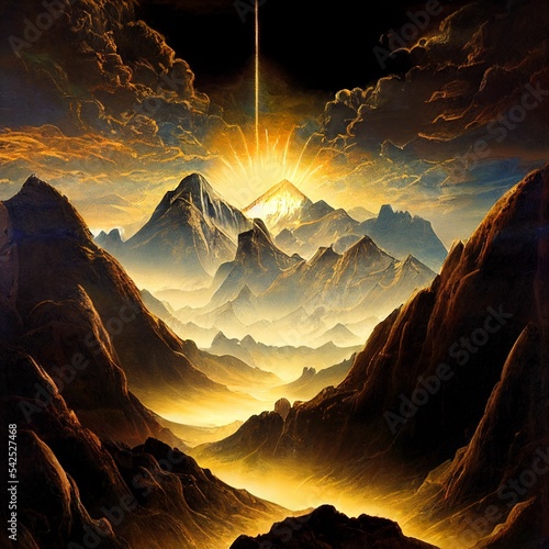 Leinwand Poster AI-generated digital art of mountainous landscapes and sunrise