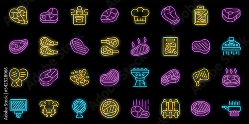Chop icons set outline vector. Meat rib. Pork bacon neon color on black