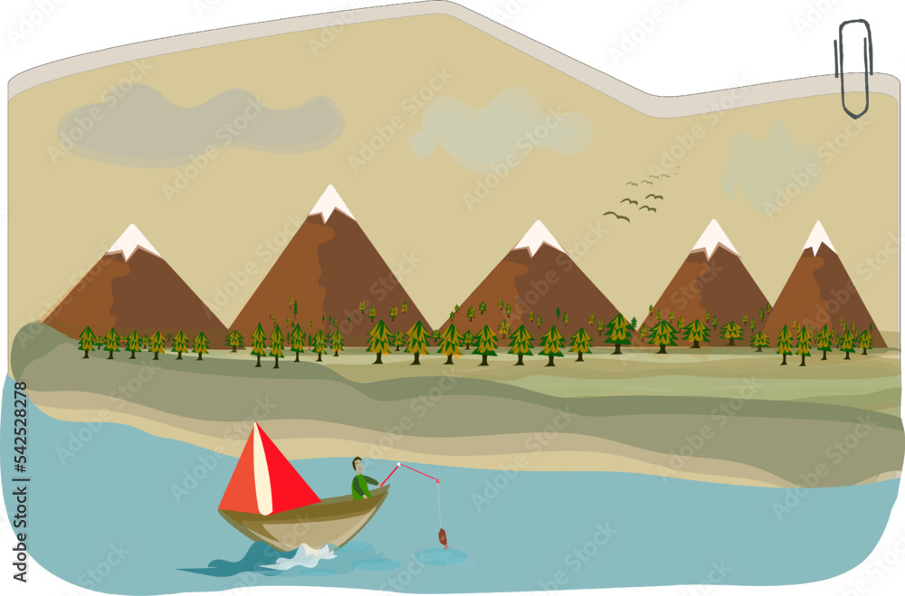 Autumn landscape vector illustration concept, autumn nature landscape with mountains and trees. Member of four seasons design concept for children's books. Man fishing on foreground.