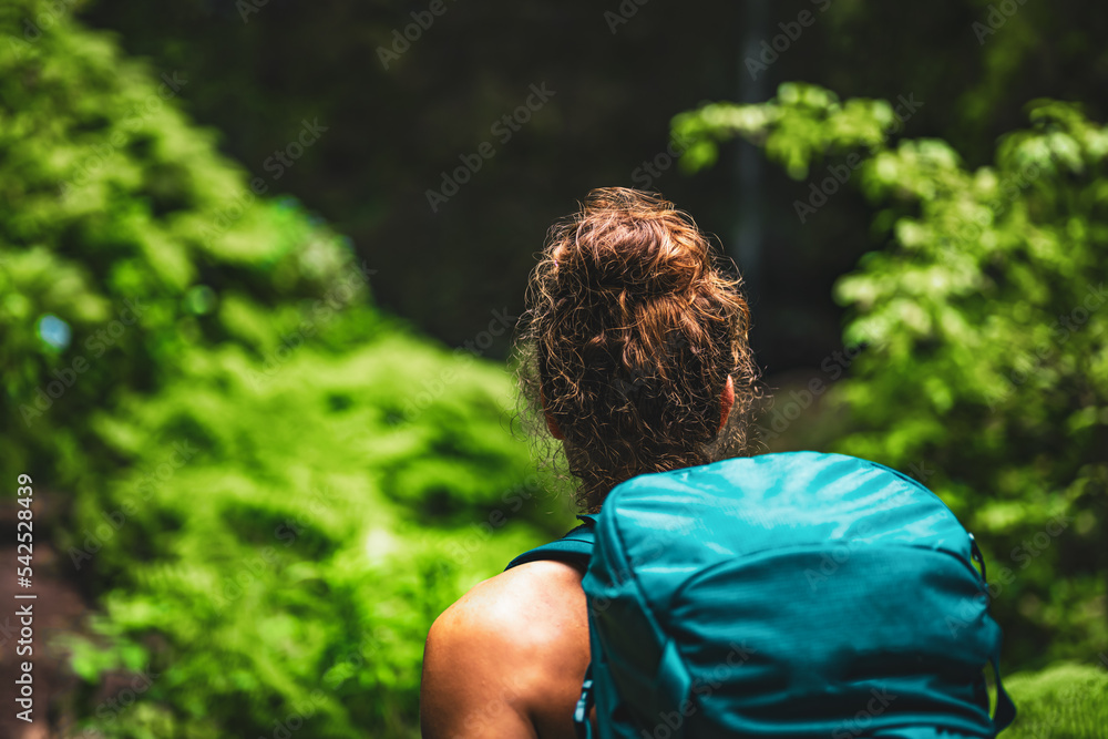 Athletic woman arrives at amazing jungle water fall with beautiful flowers and farns. Levada of Caldeirão Verde, Madeira Island, Portugal, Europe. Athletic woman arrives at amazing jungle water fall with beautiful flowers and farns. Levada of Caldeirão Verde, Madeira Island, Portugal, Europe.