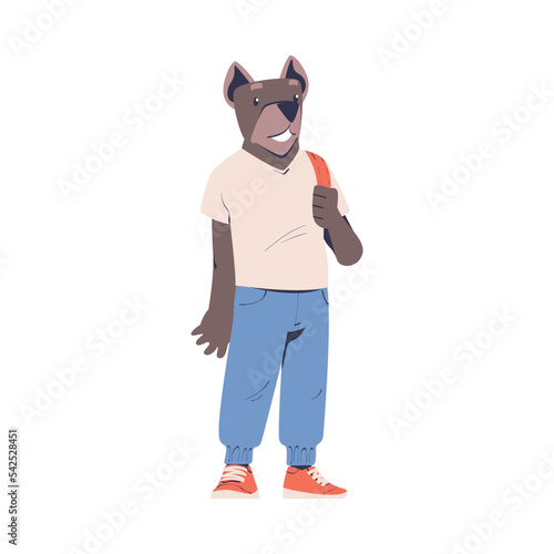 Man Character with Dog Animal Head Standing with Backpack Wearing Pants Vector Illustration