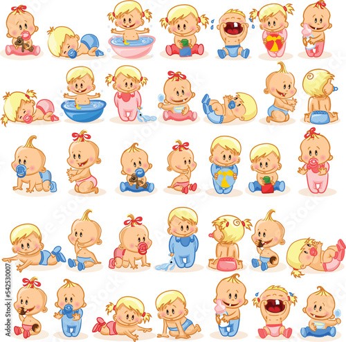 Set with cute little baby in different situations. Playing, sleeping, sitting, lying, crawling baby. Happy smiling newborn boy or girl