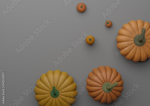 Dark graphite gray  black and white 3D illustration autumn fall Halloween themed product display podium stand background wallpaper pumpkins horizontal product photography flat lay top view from above