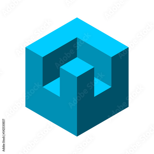 Blue castle cube isometric shape. Letters L, U, V, logo design template. Building, architecture, construction industry symbol. Geometric hexagon object. Fortress icon. Vector illustration, clip art.