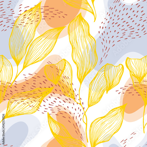Sketch style doodle line texture leaves over stains and dots seamless vector ...