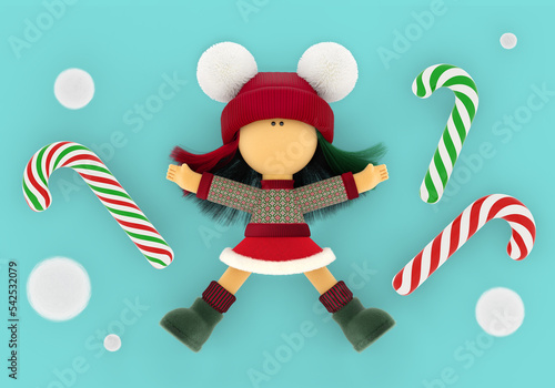Textile poppet like a snow angel and Christmas candy canes
