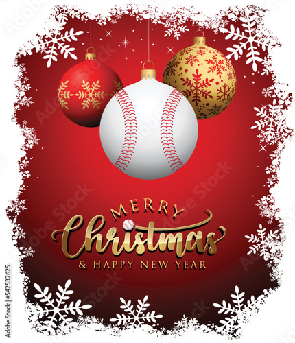 Baseball Christmas balls - Snow frame - Greeting Card - Red Background - Merry Christmas and Happy New Year text