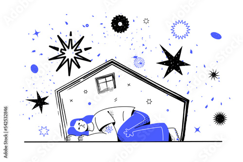 A young frightened woman is lying at home, a symbol of social phobia, depression, panic attack, ptsd.
