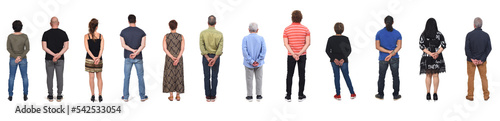 line of large group of people with arms crossed on back on white background