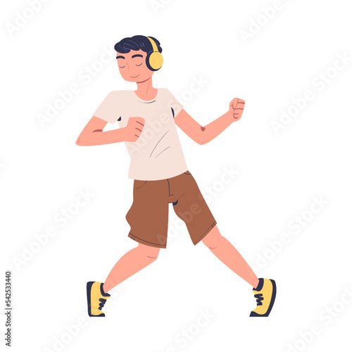 Teen Boy with Headphones Listening to Music and Dancing Vector Illustration