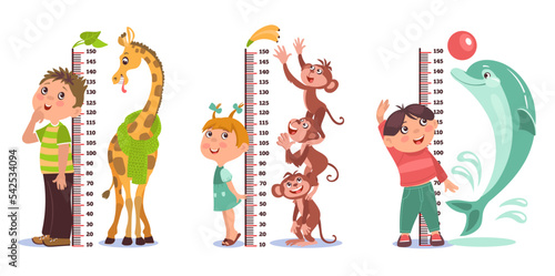 Cute kids measure height. Boys and girls near wall measurement scales. Growth indicator rulers set. Different animals. Funny children. Childish stadiometers. Splendid vector concept
