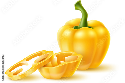 Realistic vegetable. 3D agriculture food. Fresh farm products. Whole and sliced yellow pepper. Healthy nutrition. Salad paprika circle cut pieces. Vector natural cooking raw ingredient
