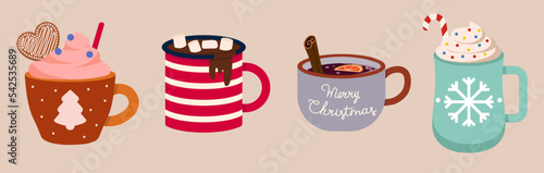 Set Of Christmas Beverages, Drinks With Marshmallow Colorful Vector Illustration In Flat Style