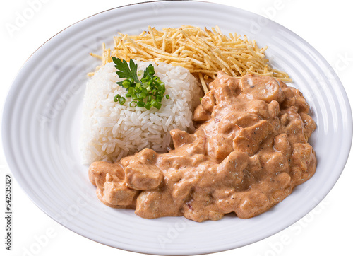 Chicken stroganoff accompanied with rice, salad and potato straw. Top view.