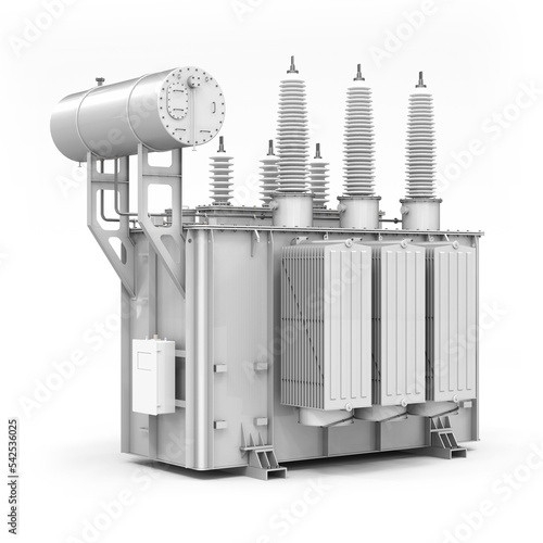Three-phase electricity transformer with oil tank isolated on white background. 3d render