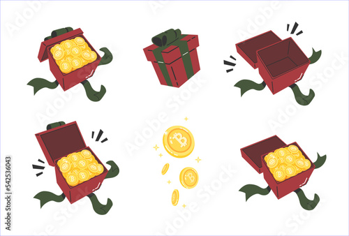 A various set of cryptocurrency gifts, give and receive gifts, stack of coin, open box, blank box, coin drop flat vector illustration isolated on white background. Cryptocurrency finance.